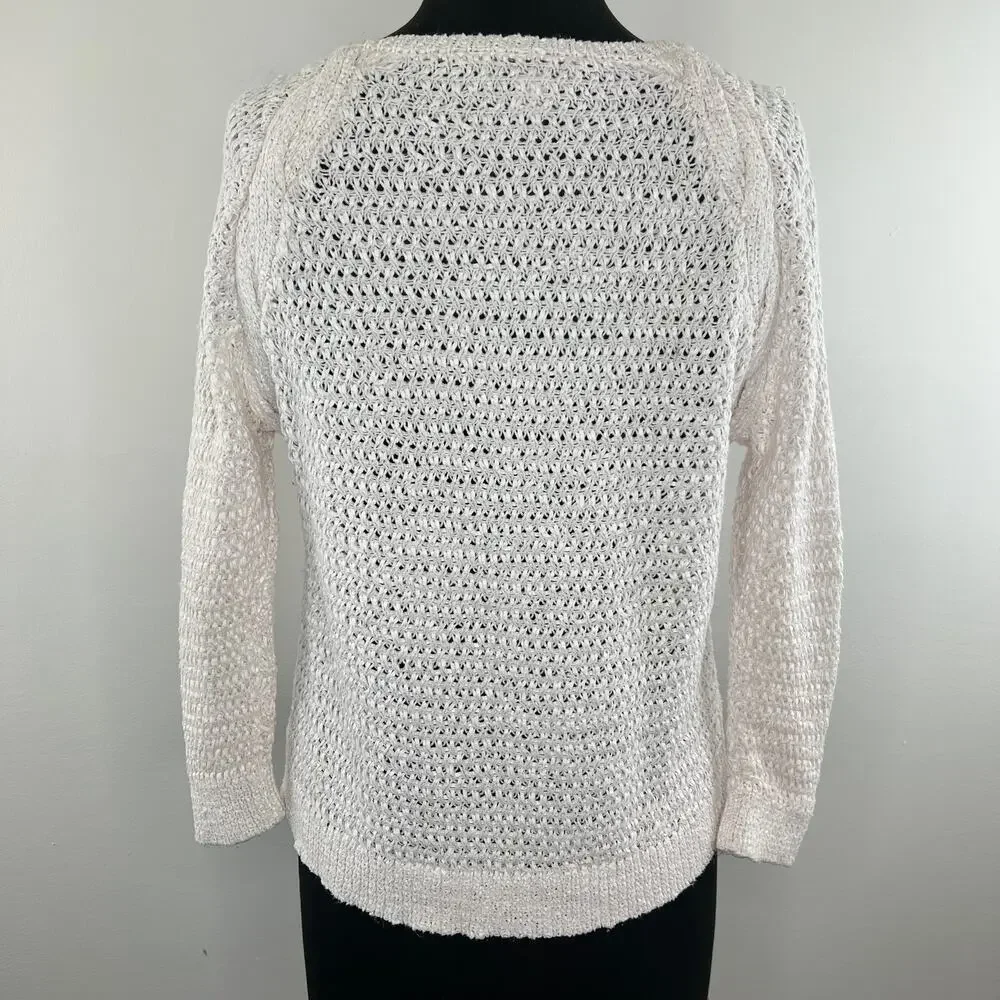 White + Warren Cotton Blend Long Sleeve Open Knit Sweater Size S Small